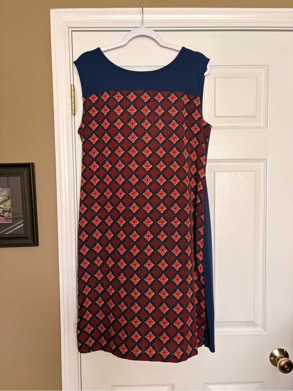Ann Taylor Sleeveless Navy and Red Geometric Shift Dress